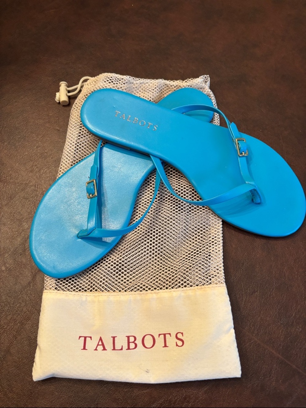 Talbots Bright Blue Leather Toe-Post Sandals with Buckle